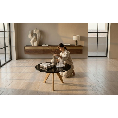 STOLIK KAWOWY z Drewna Litego Dębowego Blat Czarny Płyta MDF  STK-936